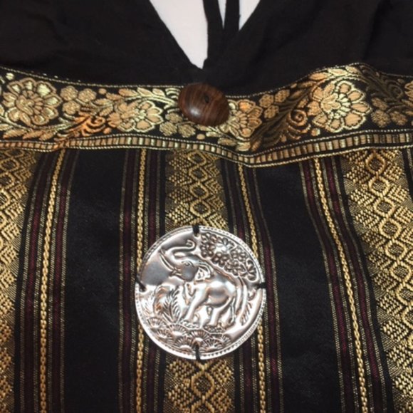 HOBO Hippie Bag 100% Cotton Metallic Handmade Elephant Emblem Black Gold - Picture 3 of 10